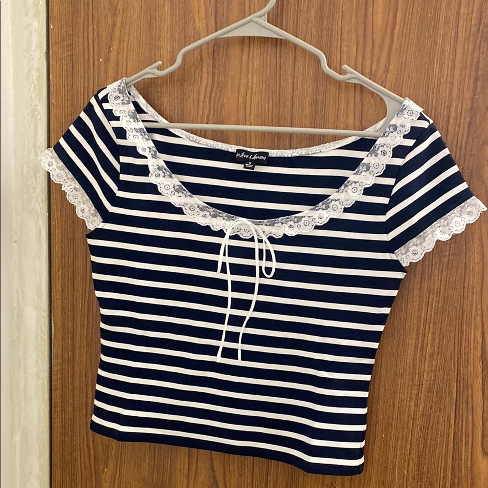 For love and lemons Navy Striped Lace Trim Top